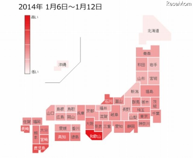 「インフルエンザ」の各都道府県別検索分布（1月6日～12日）
