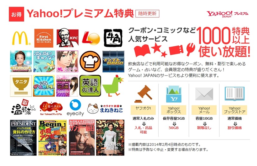 「Yahoo！プレミアム」の特典