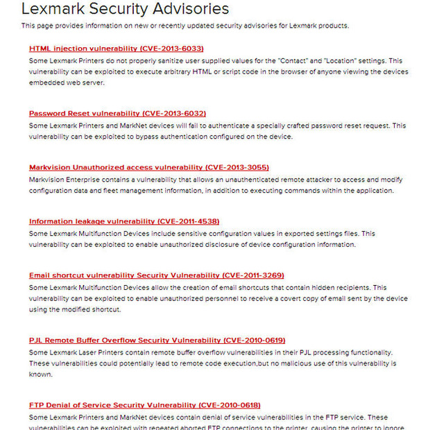 Lexmarkによる脆弱性情報
