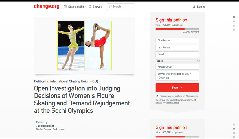 Change.orgで開始されたソチ五輪女子フィギュアスケートの審査に対する調査・再審を求める署名