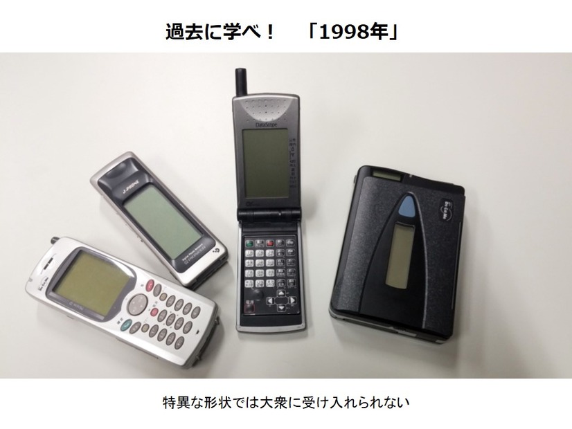 特異な形状はわが国では受け入れられない。携帯電話史を振り返るとメールやブラウジングを実現させるために1998年はこんなテストマーケティング的端末がゴロゴロ。ウェアラブル端末も今はちょうどこの時代の携帯電話にかぶる。