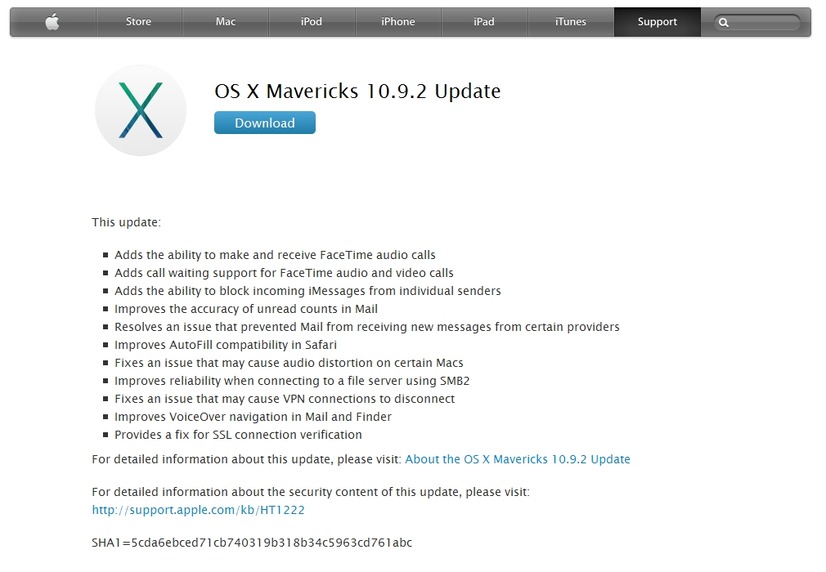 「OS X Mavericks 10.9.2 Update」サポートページ