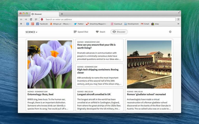 「Opera 20」では、Discover機能により、さまざまなコンテンツが集約表示可能
