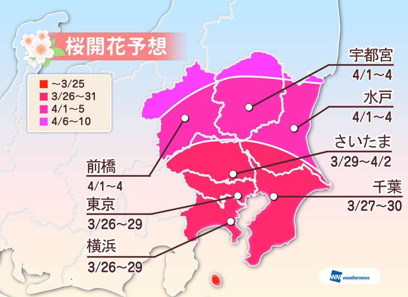 各地の桜開花予想（関東）