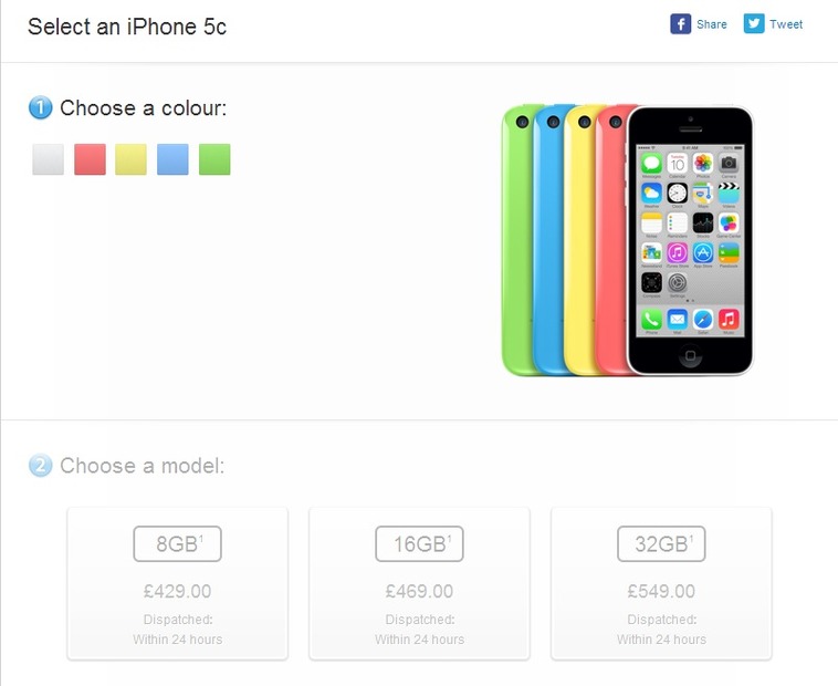 英国Apple StoreのiPhone 5c販売ページ