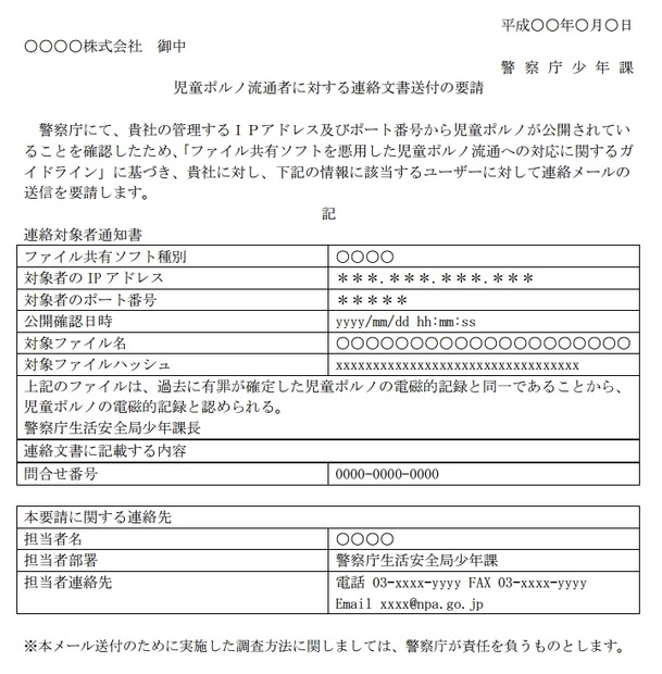 連絡メールの例（警察からISP）