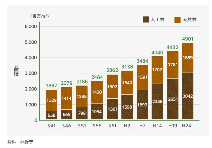 日本の森林資源の推移（「木材利用ポイント」ポータルサイトより）