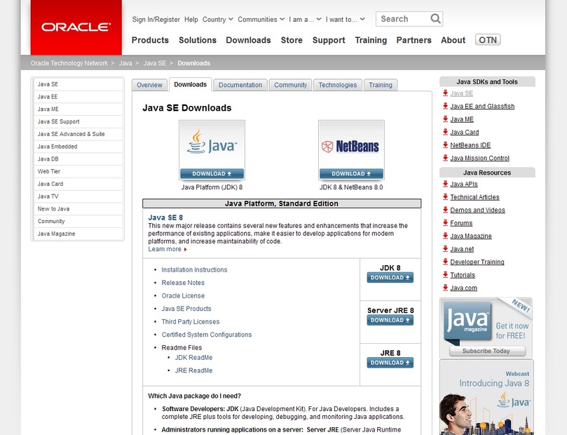 Java SE 8（JDK 8ダウンロード）ページ