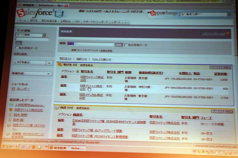 コールセンターの場合、初芝という会社から電話がかかってきたとする。初芝デバイス株式会社のリンクをクリックすると企業の情報が表示される。CRMの中心である企業の情報は、詳細情報、関連するアカウントプラン、取引先責任者、商談情報、契約情報、サポートへのお問い合わせ情報などへ、ここからアクセスすることができる。