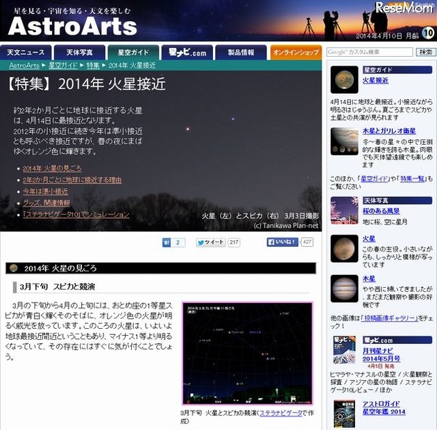 アストロアーツ「2014年火星接近」の特集ページ