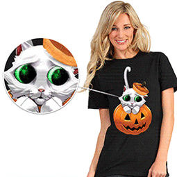 スマホを装着するとTシャツやコスチュームの絵が動く「デジクロ」シリーズ。Tシャツタイプで猫の目が動く「キディー・アイ」