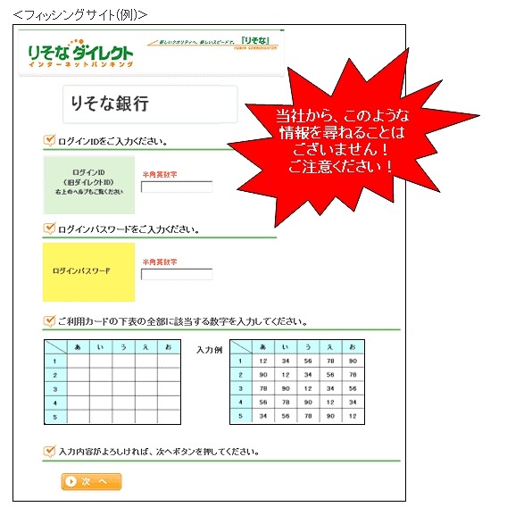 りそな銀行によるフィッシングサイトの例