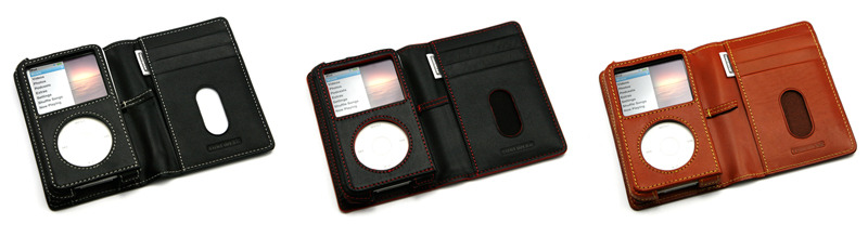 PRIE TUNEWALLET for iPod classic（左からB/R、B/W、Sienna。iPodは別売）