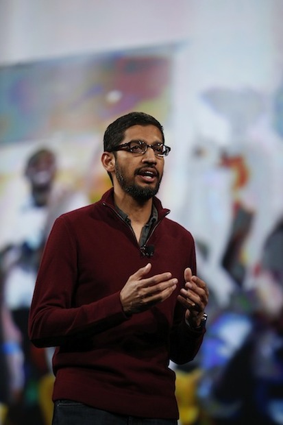 Google I/Oでブレゼンする、Google社Android、Chrome、アプリ担当上級副社長のスンダル・ピチャイ氏　(c) Getty Images