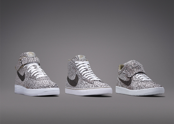 ナイキのサンパウロパック、左から左からNIKE LUNAR FORCE 1 MID JACQUARD、NIKE BLAZER ZOOM HI JACQUARD、NIKE TIEMPO MID 94 JACQUARD