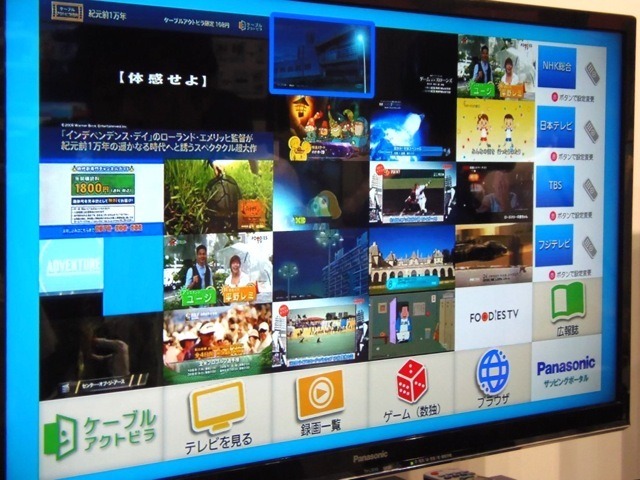 2Kテレビによるザッピング表示。事業者側はポータル上で6×6コマに分割したエリアを自由に設定できる。番組を表示させるだけでなく、いろいろな機能を追加できる。