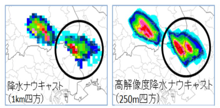 降水ナウキャスト（左）と高解像度降水ナウキャスト（右）の比較