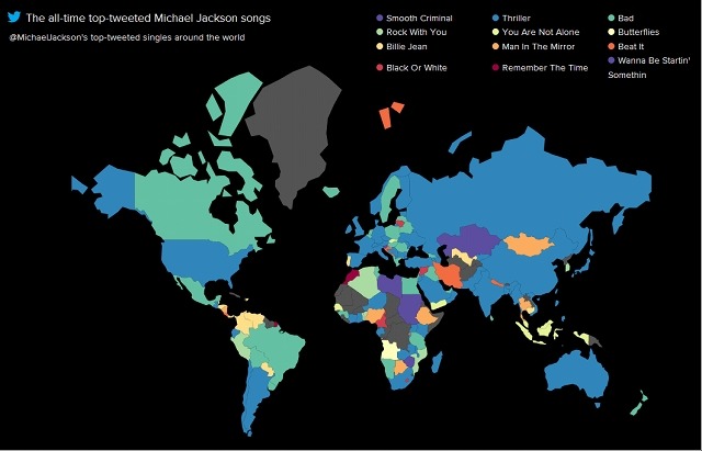 世界中の国々で最もツイートされたマイケル・ジャクソンの楽曲名。日本は「スリラー」がトップ