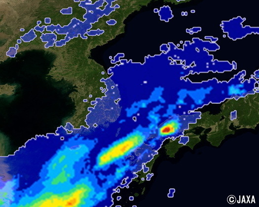 8 月19 日18 時から20 日6 時まで、「しずく（GCOM-W）」などで捉えた、西日本の積算降水量