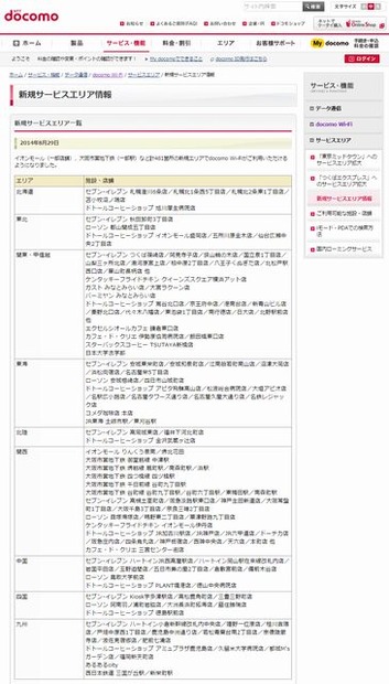 docomo Wi-Fi 新規サービスエリア情報
