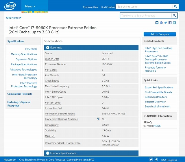 「i7-5960X」仕様紹介ページ