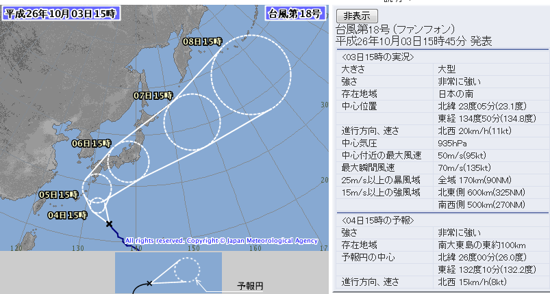 台風18号の予想経路図（気象庁ホームページより）