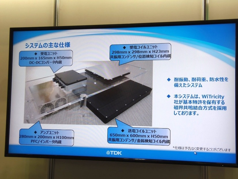 非接触給電システムの主な仕様。WiTricity社が基本特許をもつ「磁界共鳴結合方式」と呼ばれる技術を採用