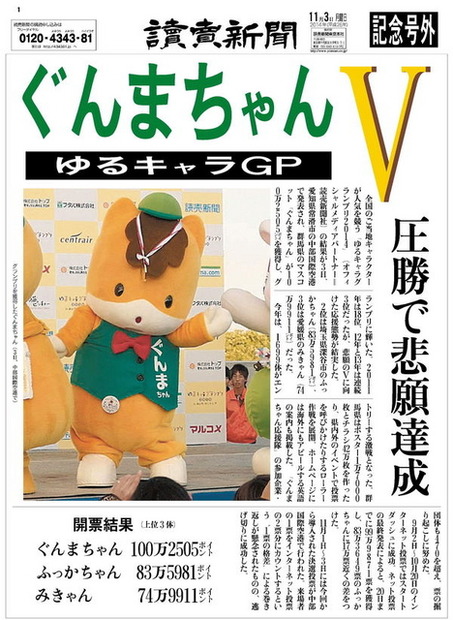 ぐんまちゃんが悲願のゆるキャラグランプリ　5日に群馬県庁で優勝報告会