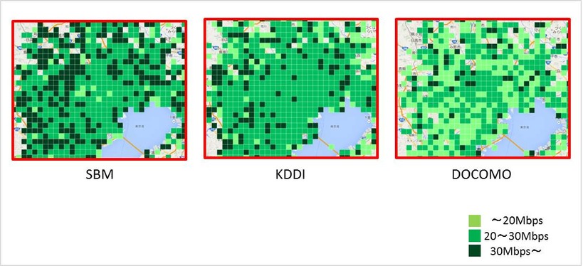 2.5kmメッシュ 東京都心の3キャリア比較（iPhone 6／6 Plus）