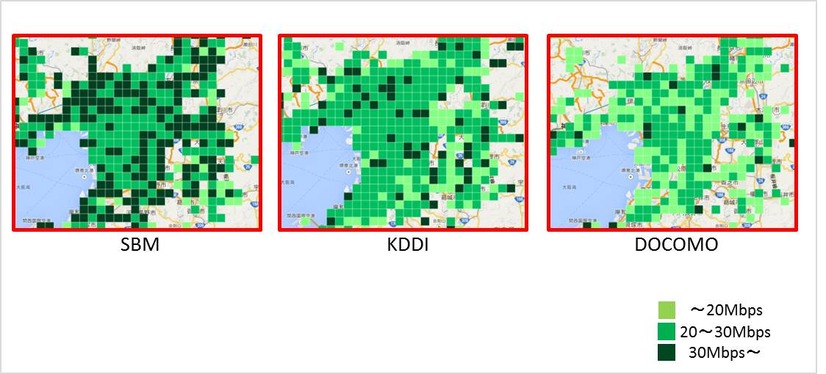 2.5kmメッシュ 大阪周辺の3キャリア比較（iPhone 6／6 Plus）