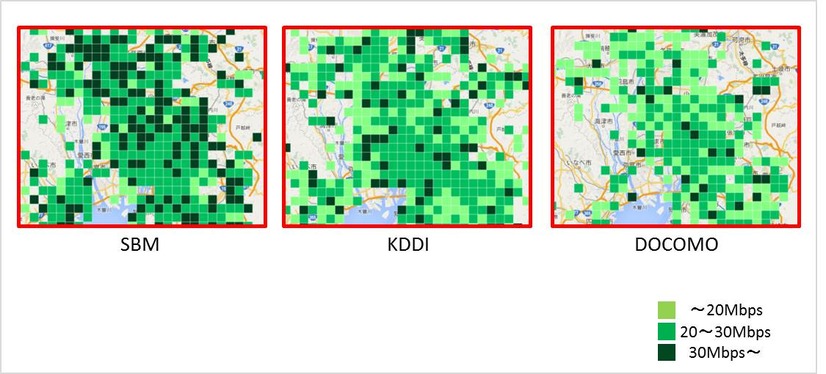 2.5kmメッシュ 名古屋周辺の3キャリア比較（iPhone 6／6 Plus）