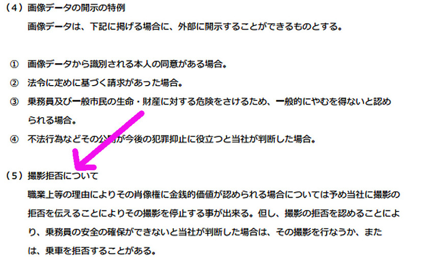 タクシー会社によっては「設置指針」で、「肖像権に金銭的価値が発生する場合は撮影拒否を伝えて撮影を停止する」ことを明記したものもある（画像は南仙台交通の設置指針）。