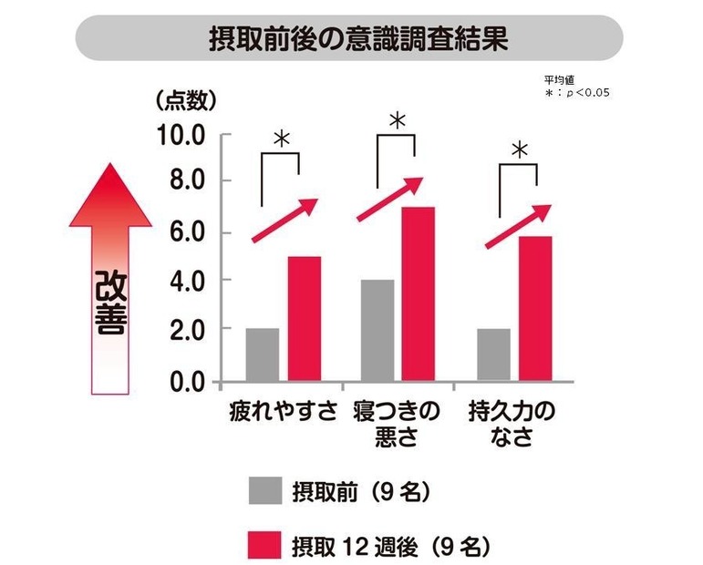 りんごポリフェノール含有抗酸化物質配合食品群では、「疲れやすい」、「寝つきが悪い」、「持久力のなさを感じる」などの項目が摂取前に比べて有意に改善（p＜0.05）