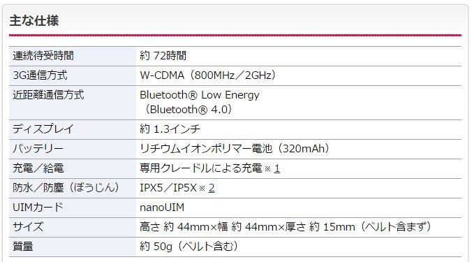 ドコッチ01の主なスペック。満充電時の連続使用時間は72時間。メーカーはHuawei。端末の価格は1万円前後を予定している（画像は同社リリースより）。