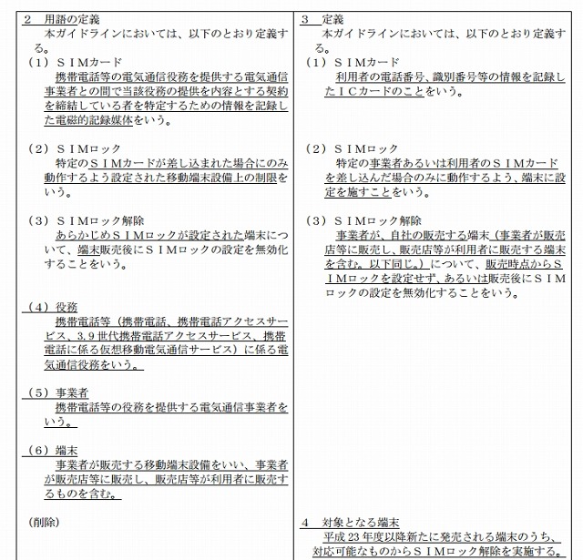 「SIMロック解除」などの用語の定義（左が改正後）