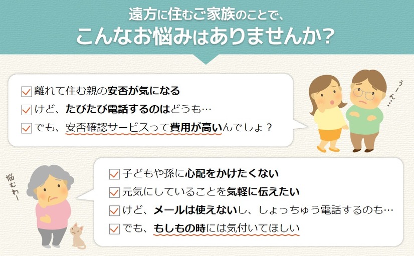 離れて暮らす高齢の親を心配する子供とよけいな負担を子供にかけたくない親の気持ちをつなぐ安否確認サービスだといえる(画像はプレスリリースより)