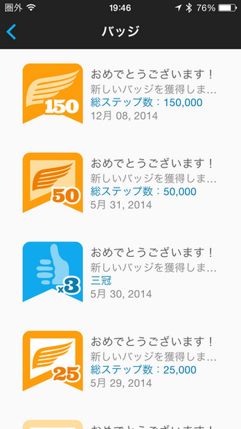 GARMIN connectには目標の達成に応じてバッジが獲得できるシステムになっており、モチベーション維持に役立つ