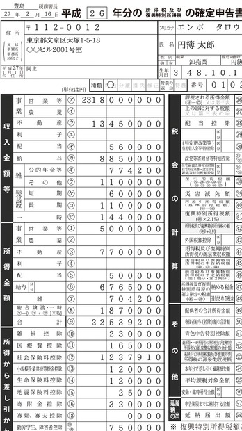 確定申告書の出力イメージ