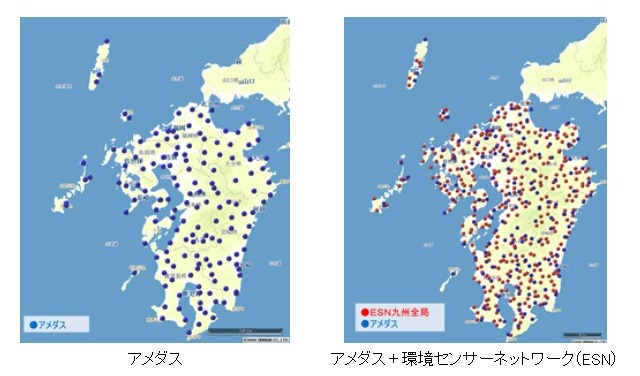 アメダスに環境センサーネットワーク（ESN）を加えることで、より精緻なデータを収集可能（九州の例）