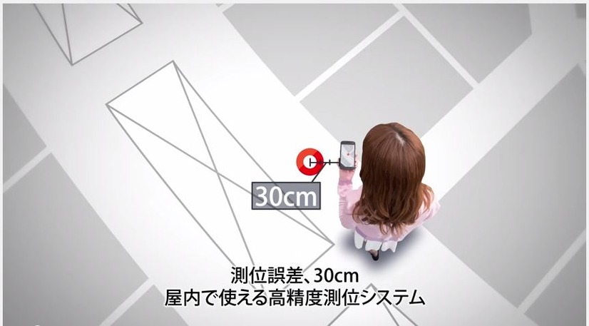 GPSの電波が受信できない屋内や地下などでも位置把握が可能。誤差30cm以内で現在位置を検知することができる（画像は同社公式youtube動画より）。