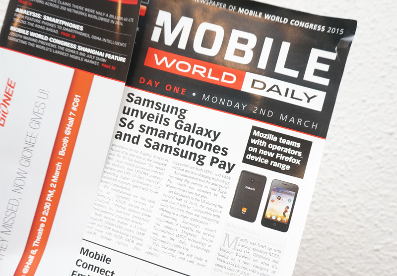 MWC開催期間中に発行されるフリーペーパー「MOBILE WORLD DAILY」の開催初日1面にMozillaの取り組みが掲載された