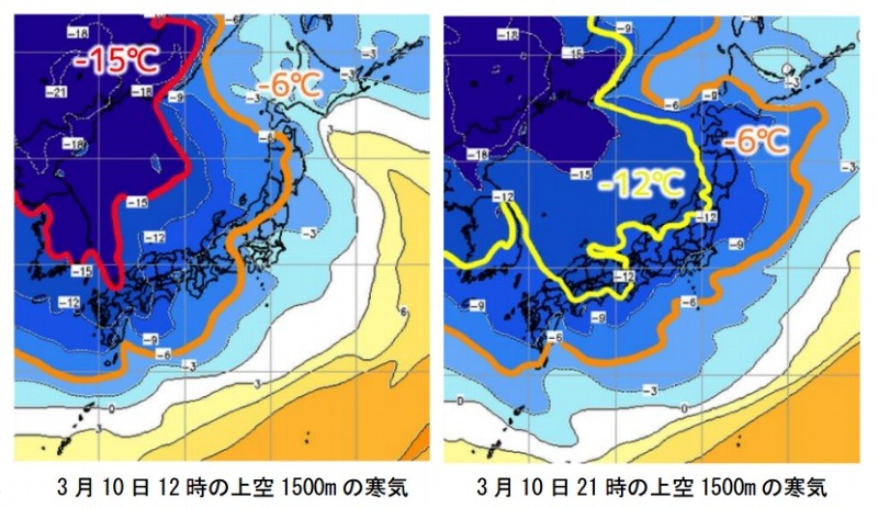 3月10日の上空1500mの寒気予測