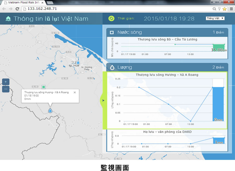 農業農村開発局の防災担当者が見ることになる監視画面。リアルタイムで水位変化の速度をグラフ化したり、防災員が提供した情報を地図上にマッピンする（画像はプレスリリースより）