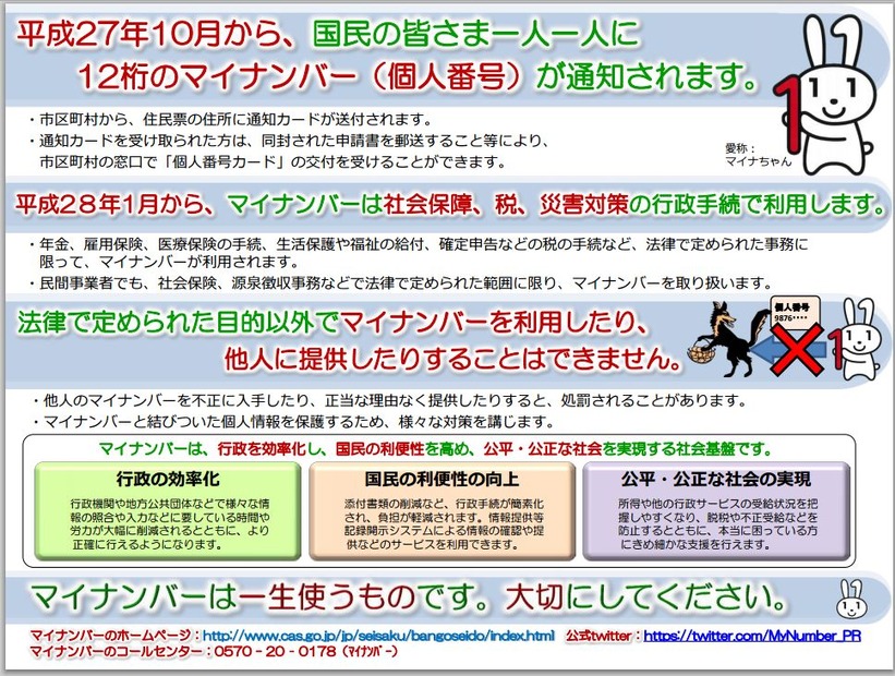 内閣官房社会保障・税番号制度のWebにて公開されているマイナンバー制度の周知用広報資料（画像は内閣官房のWebより）。