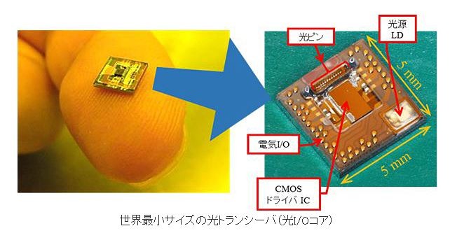 サイズは従来の1/4以下のサイズ。将来的には更に高集積化を進め、ボード間やチップ間の光配線への適用を目指していく（画像はNEDOのリリースより）。