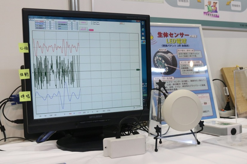 デモ展示されていたノーマルタイプの生体センサー。1～2m離れたところからバイタルデータを取得可能