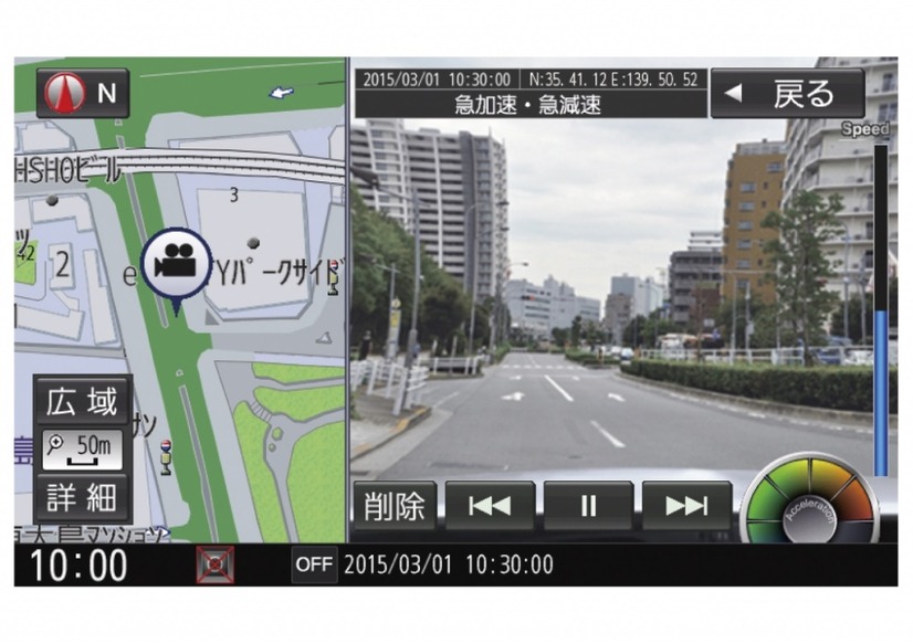 録画時の運転速度表示、加速度表示メーターなども映像と一緒に表示されるので、自分の運転を振り返り安全運転にも活かせる（画像はプレスリリースより）
