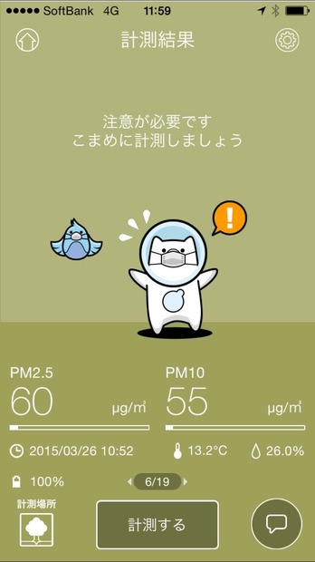 屋外での計測の結果、かなりの浮遊粒子状物質があることが分かった
