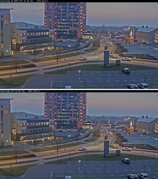 写真上がZipstreamテクノロジーを使った画像（1433kbit/s）、写真下が通常のビデオストリーム（2881kbit/s）（画像はプレスリリースより）