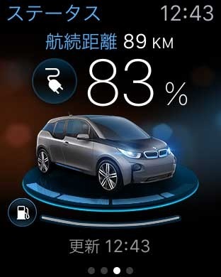 ステータス画面。車の航続距離や充電中か否かの表示、バッテリーの充電率、ガソリンの残り量が表示される。